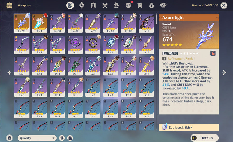 Genshin lmpact Full Destiny Seat Skirk Premium Account(America)